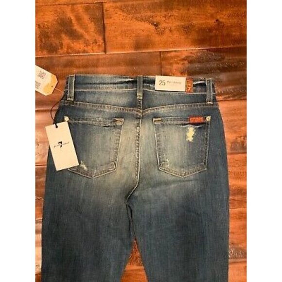 7 For All Mankind Med Wash Skinny Super Skinny Distressed Blue Jeans, Sz 25 NWT - Picture 5 of 6